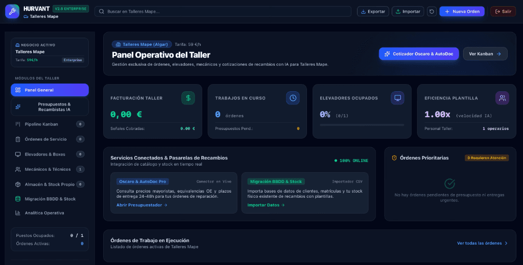 Captura de pantalla de la interfaz de Hurvant Service Engine Enterprise